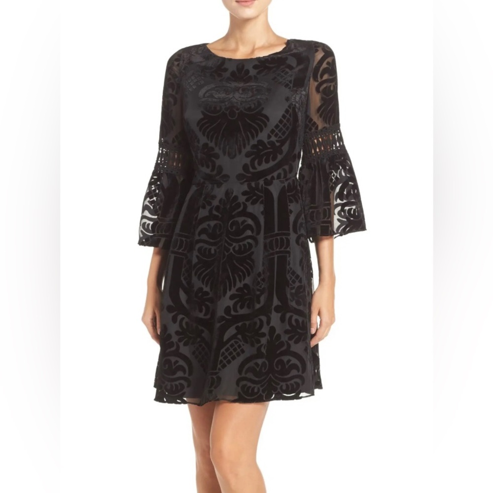 Eliza J Fit & Flare Dress 12P Black Burnout Velvet Bell Sleeve Cocktail dress